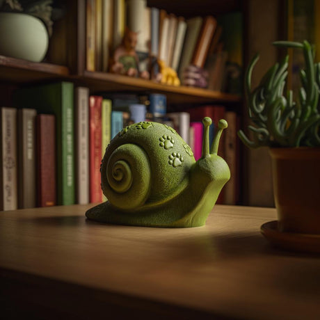 3D printed paw print snail sculpture featuring a snail with a spiral shell and raised paw print details