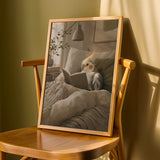 Pied Cockatiel Reading in Bed depicted in a scandinavian gouache art poster