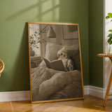 Wall art poster of Pied Cockatiel Reading in Bed in scandinavian gouache painted style