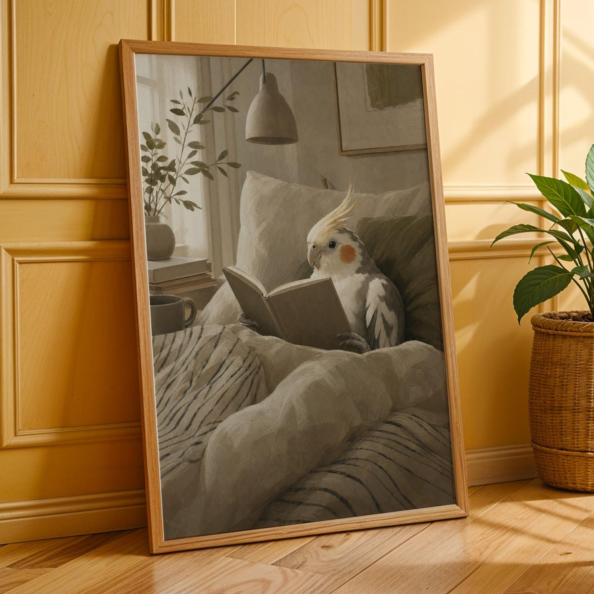 Poster print featuring Pied Cockatiel Reading in Bed with scandinavian gouache detailing