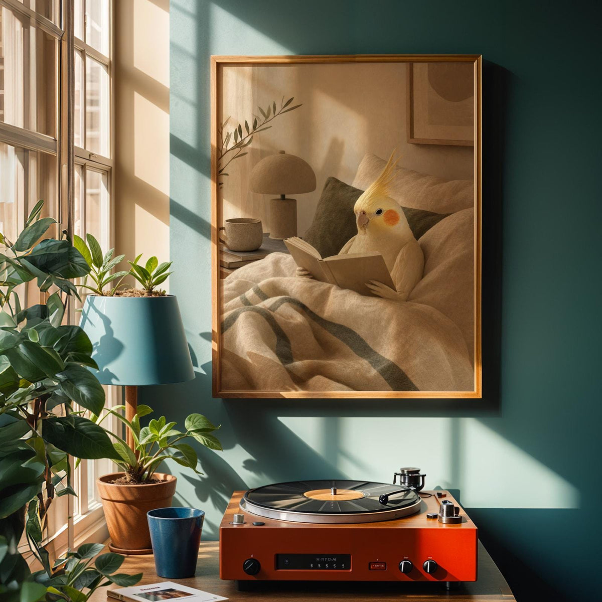 Poster artwork depicting Lutino Cockatiel Reading in Bed in modern soft gouache style
