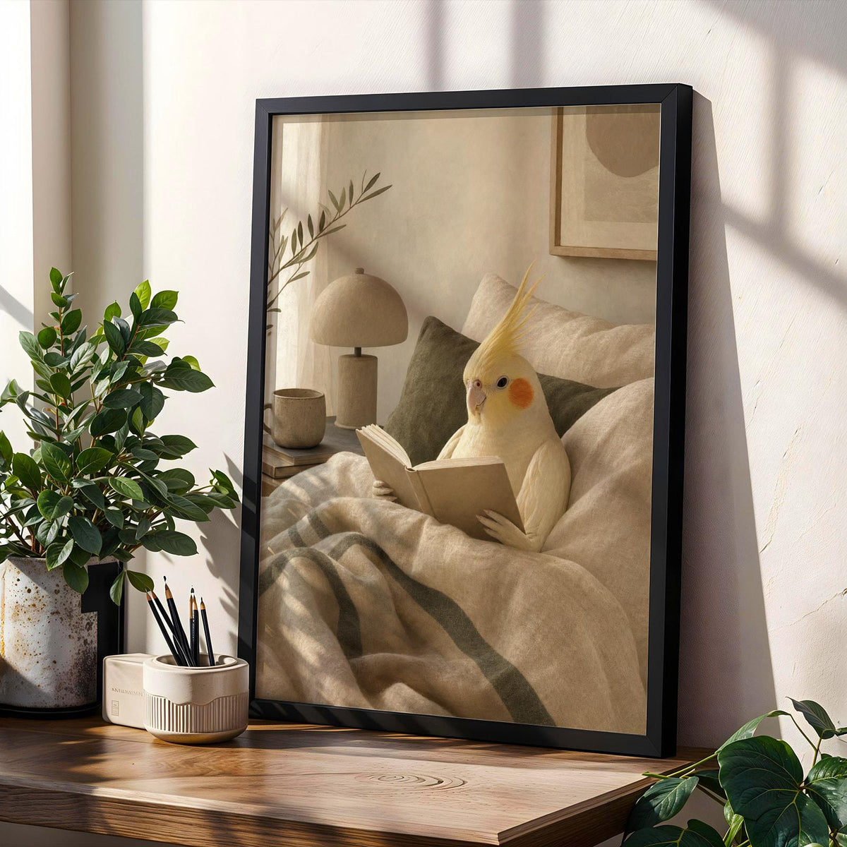 Decorative poster design featuring Lutino Cockatiel Reading in Bed in modern soft gouache style