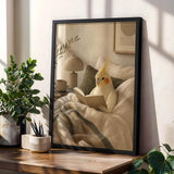 Decorative poster design featuring Lutino Cockatiel Reading in Bed in modern soft gouache style