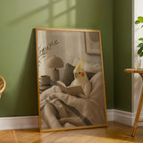 Wall art poster of Lutino Cockatiel Reading in Bed in modern soft gouache painted style