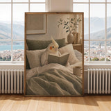 Print illustration of Pearl Cockatiel Reading in Bed with modern gouache artwork