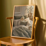 Pearl Cockatiel Reading in Bed depicted in a modern gouache art poster