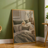 Wall art poster of Pearl Cockatiel Reading in Bed in modern gouache painted style