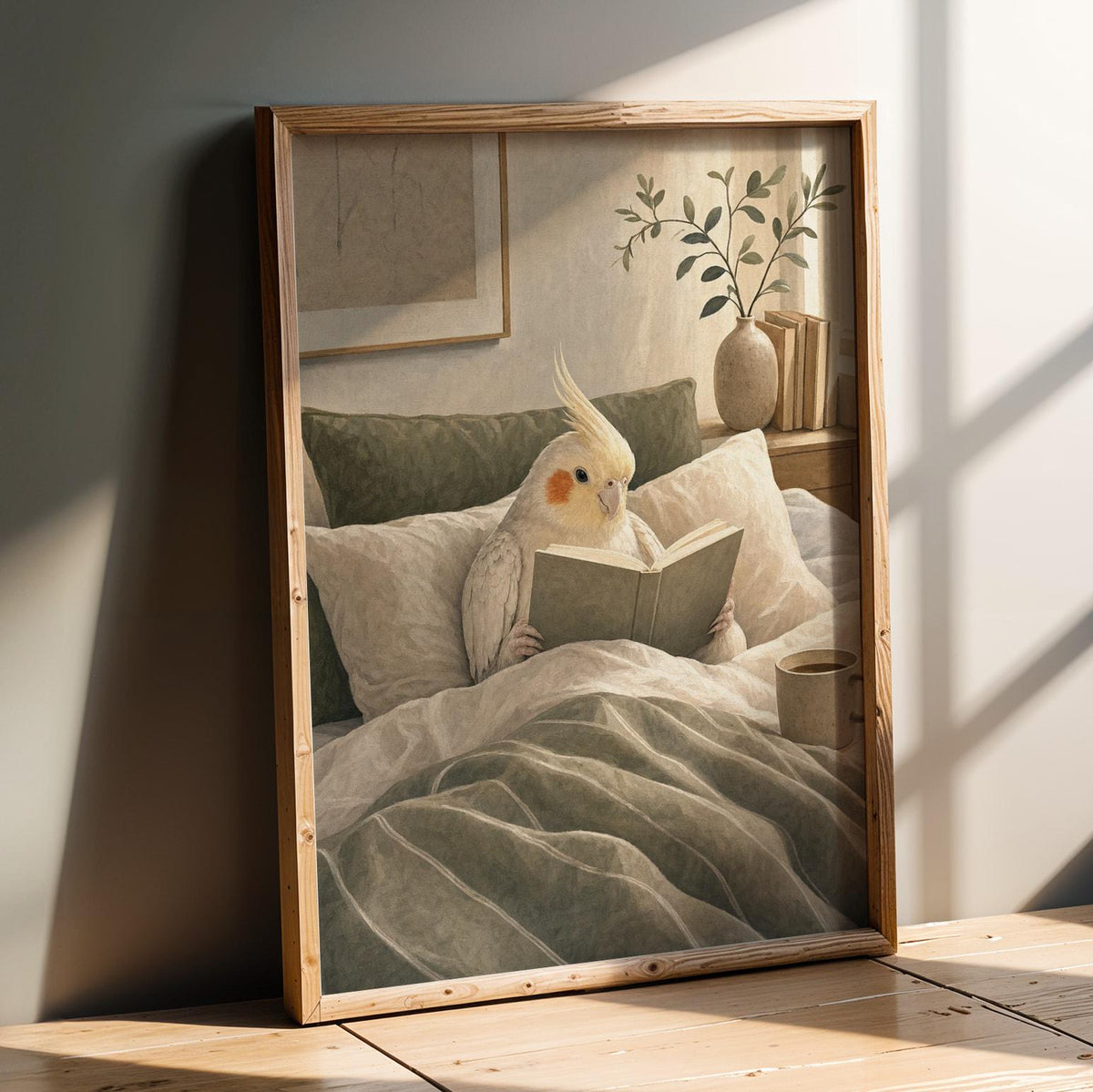 Artwork portraying Pearl Cockatiel Reading in Bed in a modern gouache composition