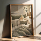 Artwork portraying Pearl Cockatiel Reading in Bed in a modern gouache composition