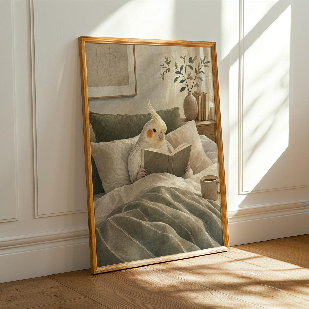 Pearl Cockatiel Reading in Bed illustration for a modern gouache paper poster
