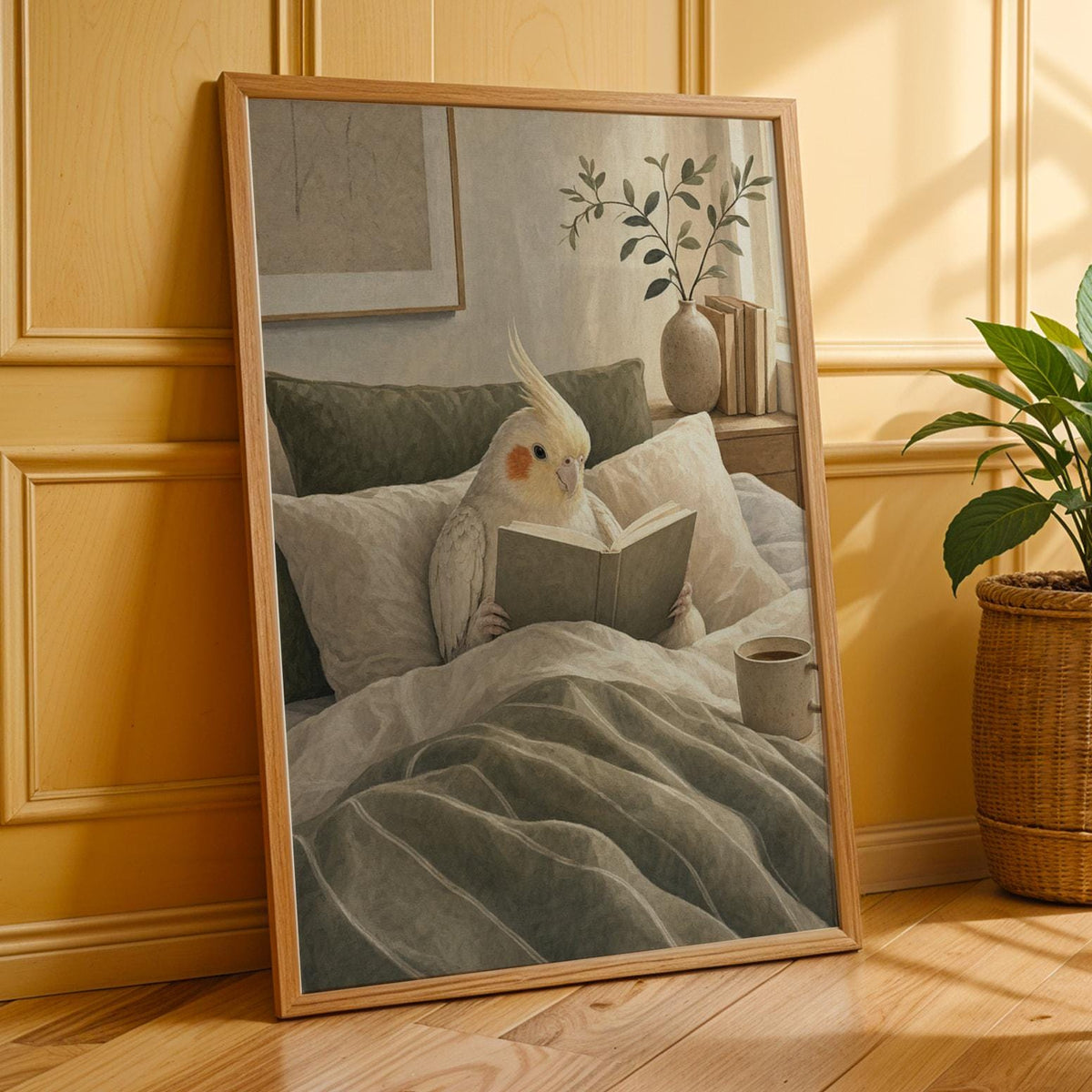 Poster print featuring Pearl Cockatiel Reading in Bed with modern gouache detailing