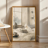 Albino Cockatiel Reading in Bed in a japanese zen sumi-e poster illustration