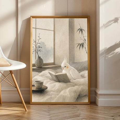 Albino Cockatiel Reading in Bed in a japanese zen sumi-e poster illustration