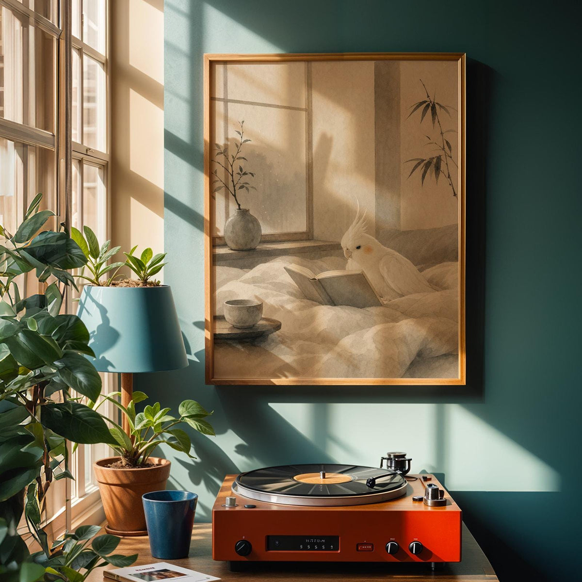 Poster artwork depicting Albino Cockatiel Reading in Bed in japanese zen sumi-e style