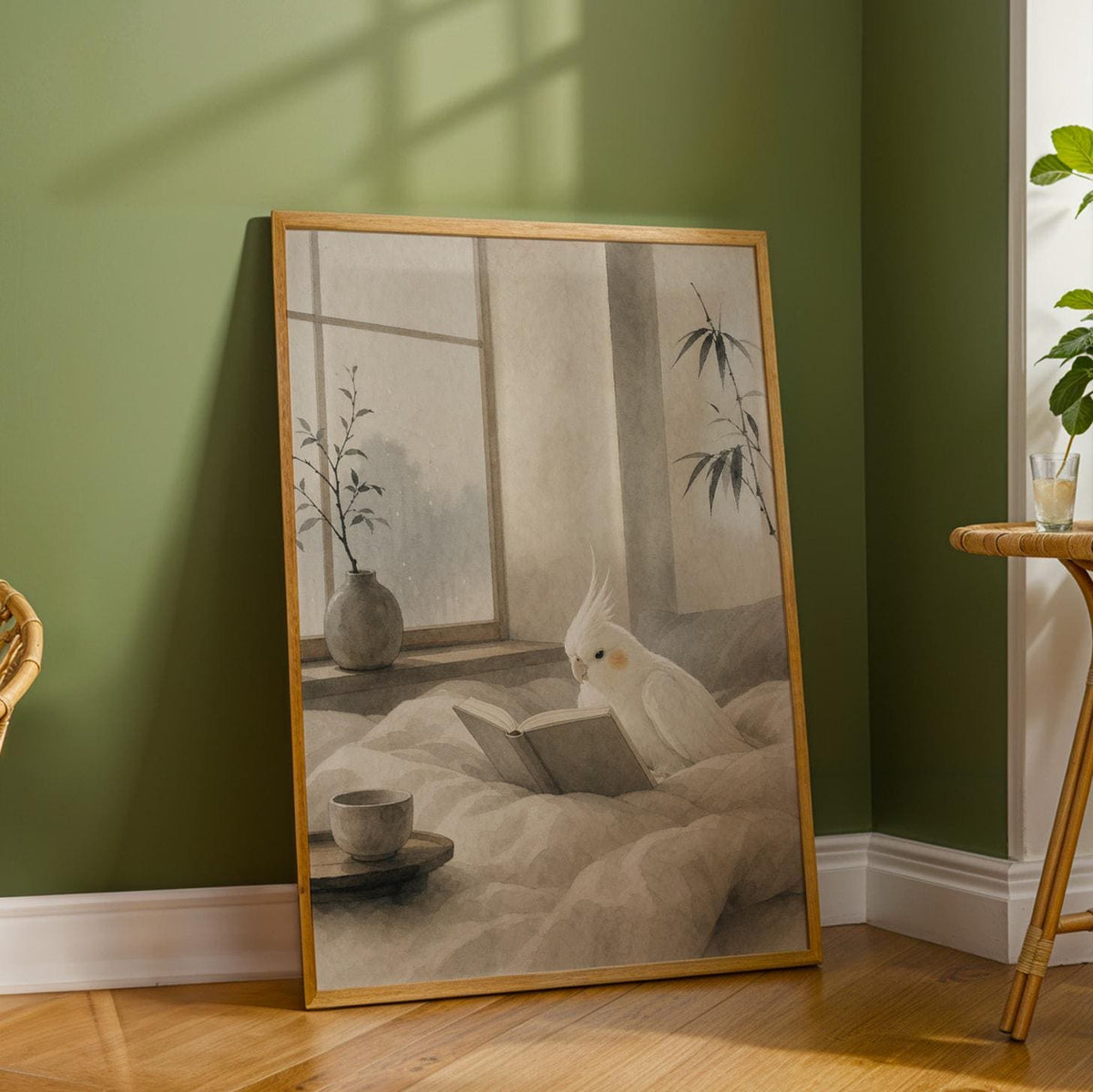 Wall art poster of Albino Cockatiel Reading in Bed in japanese zen sumi-e painted style