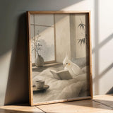 Artwork portraying Albino Cockatiel Reading in Bed in a japanese zen sumi-e composition