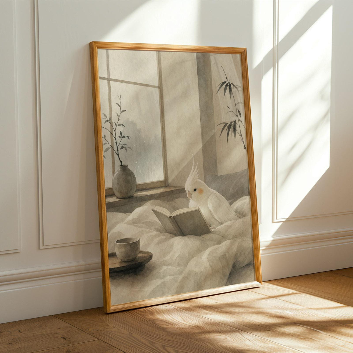 Albino Cockatiel Reading in Bed illustration for a japanese zen sumi-e paper poster