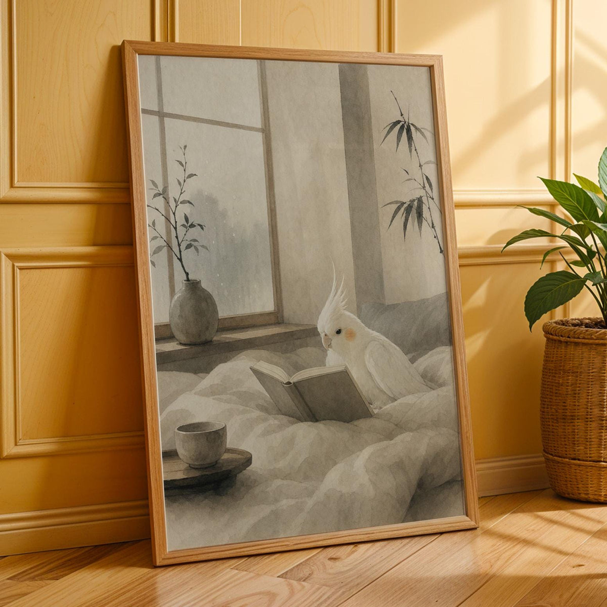 Poster print featuring Albino Cockatiel Reading in Bed with japanese zen sumi-e detailing