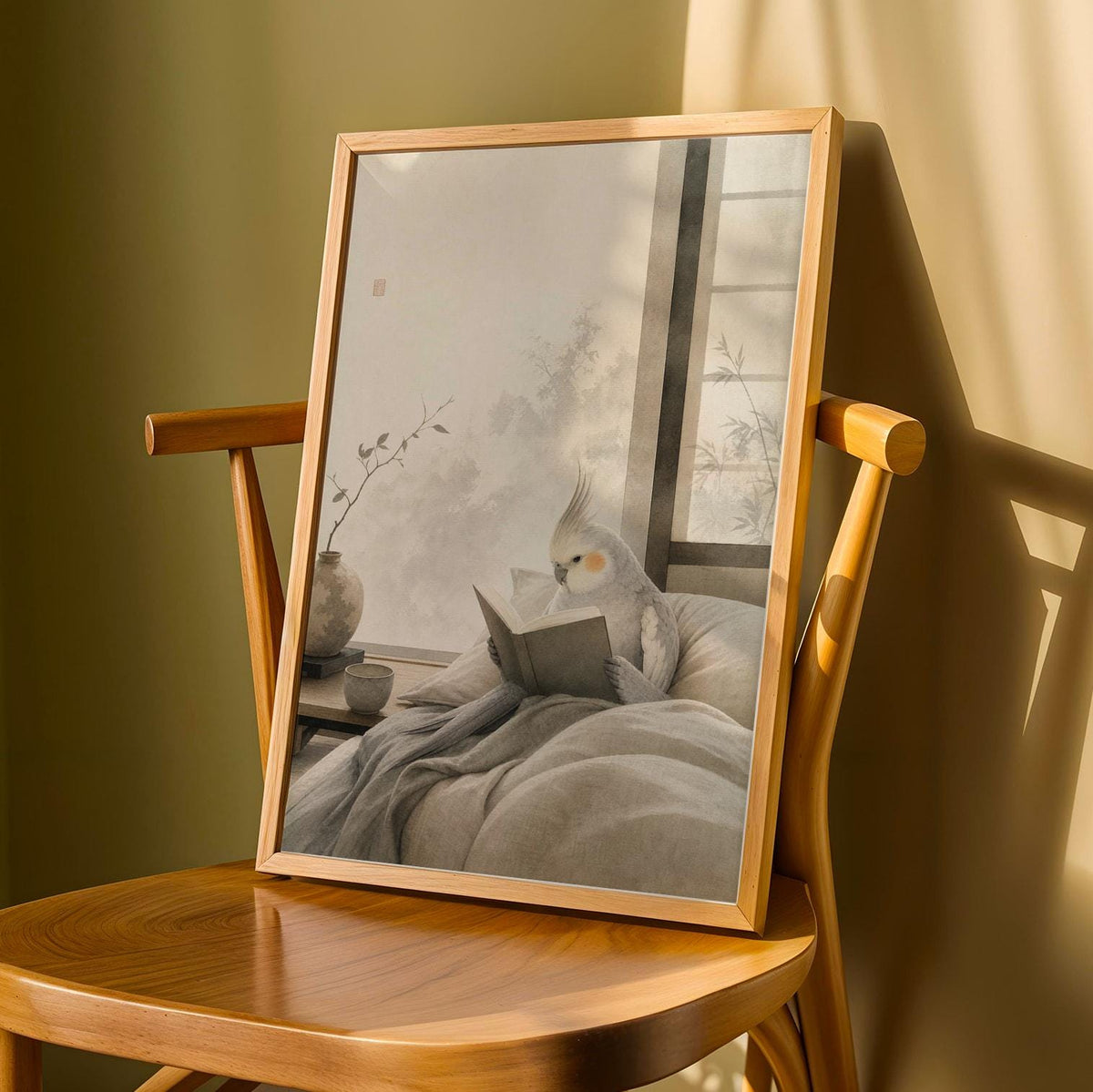Print illustration of Light Silver Cockatiel Reading in Bed with japanese zen sumi-e artwork