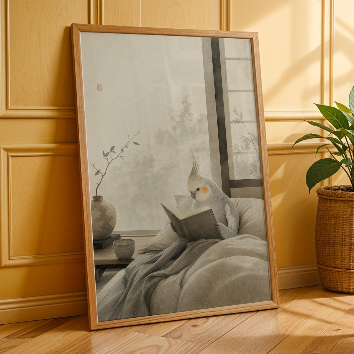 Light Silver Cockatiel Reading in Bed illustration for a japanese zen sumi-e paper poster