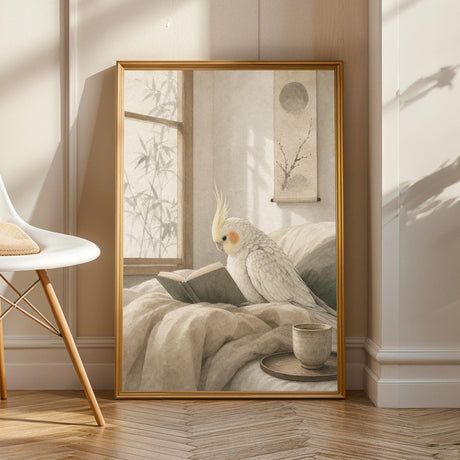Pearl Cockatiel Reading in Bed in a japanese zen ink wash poster illustration