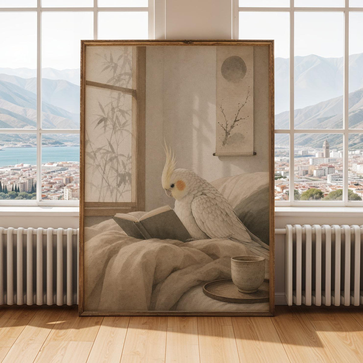Print illustration of Pearl Cockatiel Reading in Bed with japanese zen ink wash artwork