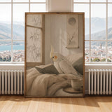 Print illustration of Pearl Cockatiel Reading in Bed with japanese zen ink wash artwork