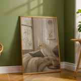 Wall art poster of Pearl Cockatiel Reading in Bed in japanese zen ink wash painted style