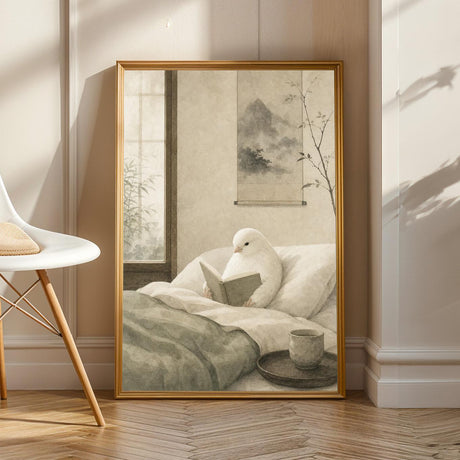 White Gloster Canary Reading in Bed in a japanese zen sumi-e poster illustration