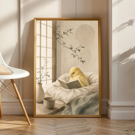 Fife Fancy Canary Reading in Bed in a japanese zen ink wash poster illustration