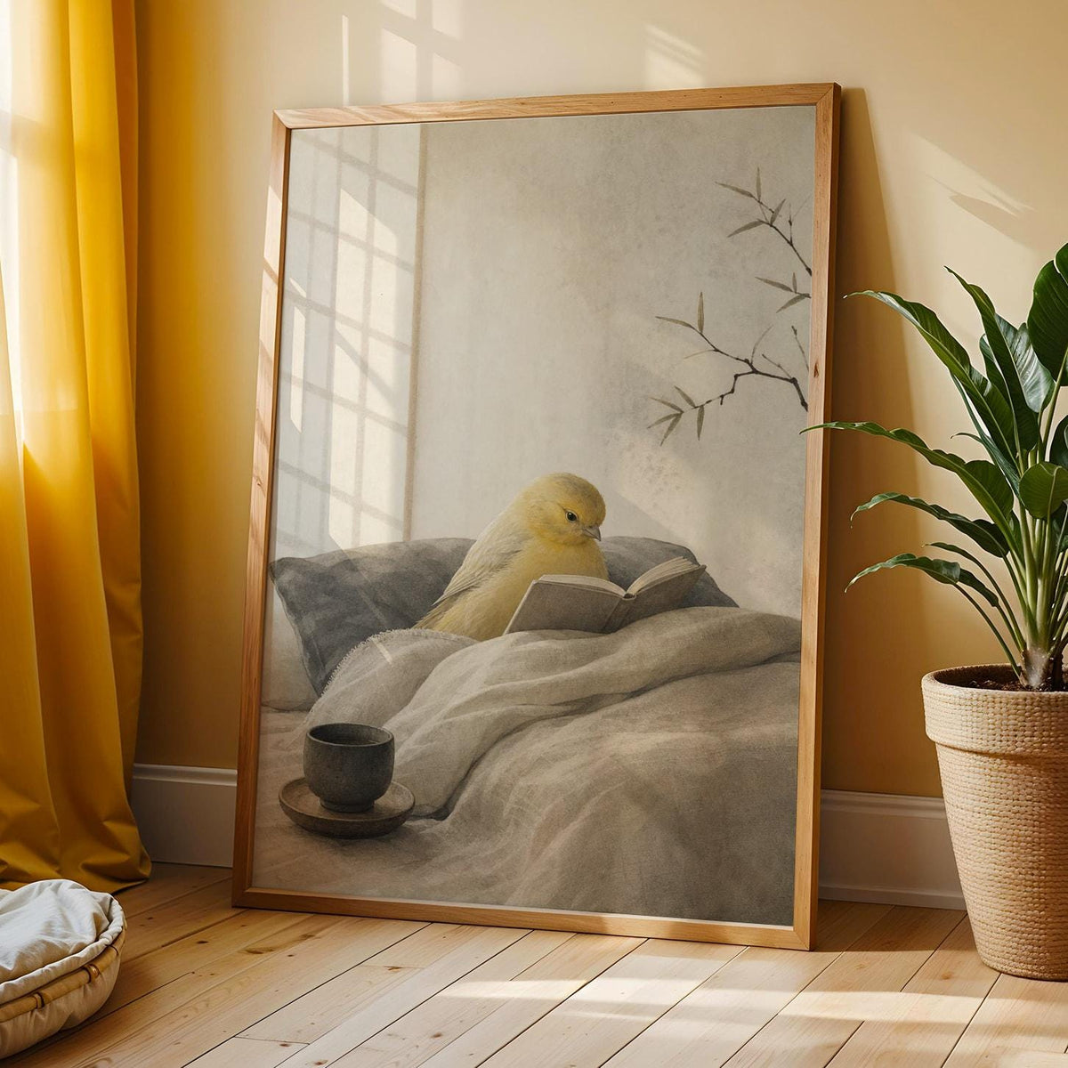 Roller Canary Reading in Bed shown in a japanese zen sumi-e wall art print
