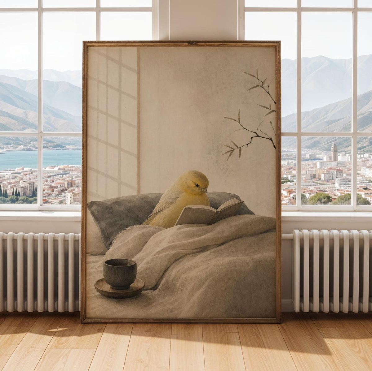 Print illustration of Roller Canary Reading in Bed with japanese zen sumi-e artwork