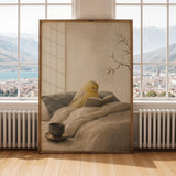 Print illustration of Roller Canary Reading in Bed with japanese zen sumi-e artwork