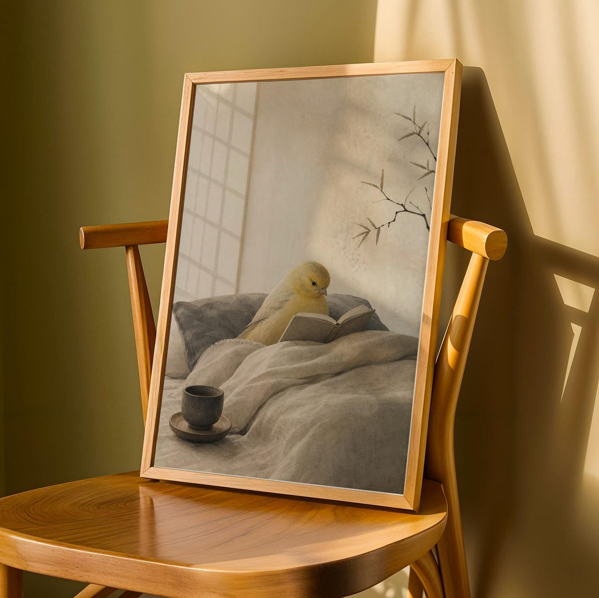 Roller Canary Reading in Bed depicted in a japanese zen sumi-e art poster