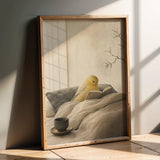 Artwork portraying Roller Canary Reading in Bed in a japanese zen sumi-e composition
