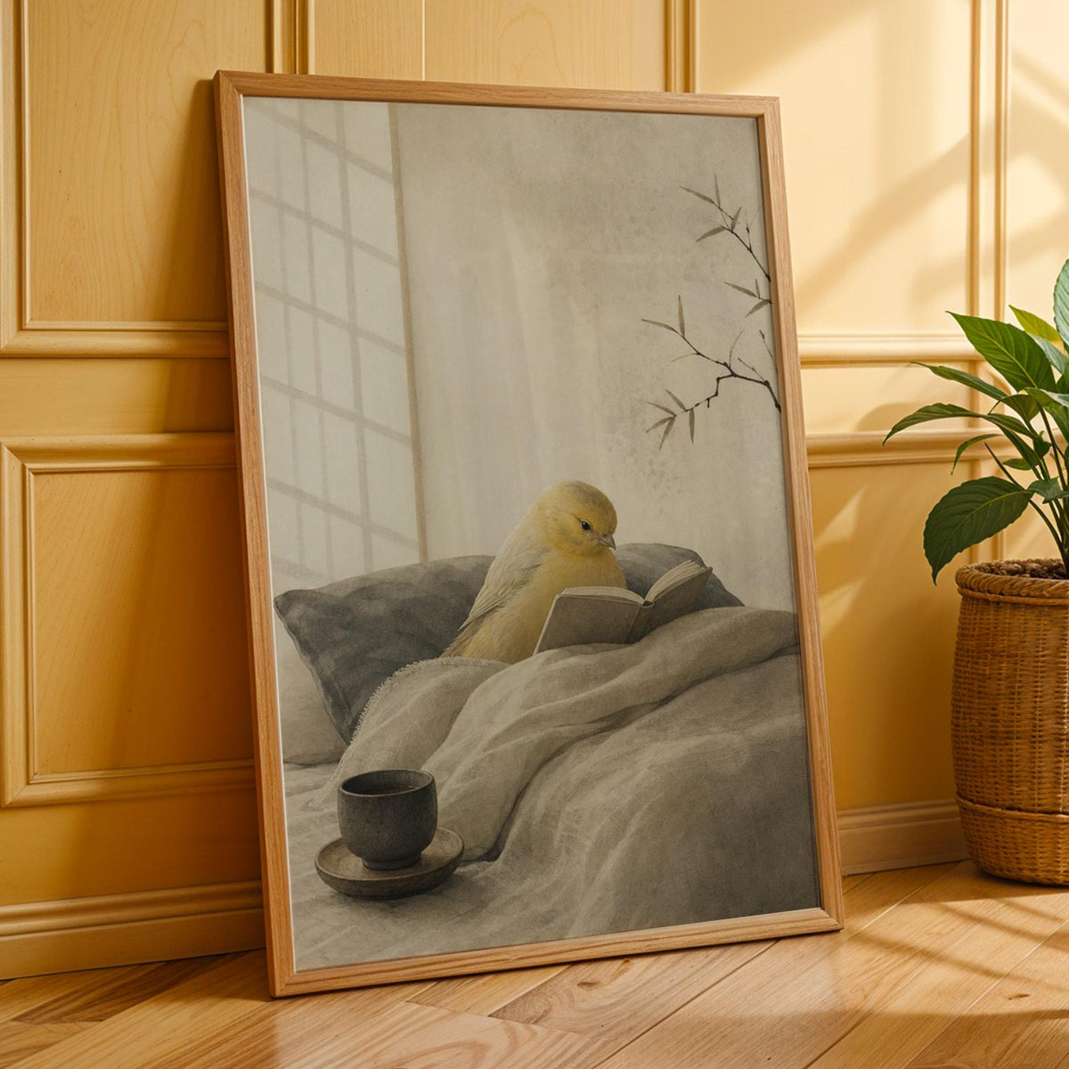 Poster print featuring Roller Canary Reading in Bed with japanese zen sumi-e detailing