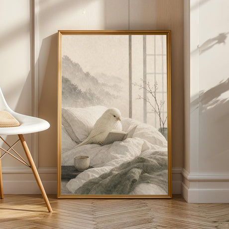 Yorkshire Canary Reading in Bed in a japanese zen ink wash poster illustration
