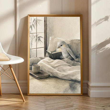 Silver Lizard Canary Reading in Bed in a japanese zen sumi-e poster illustration