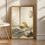 Gloster Canary Reading in Bed in a japanese zen sumi-e poster illustration