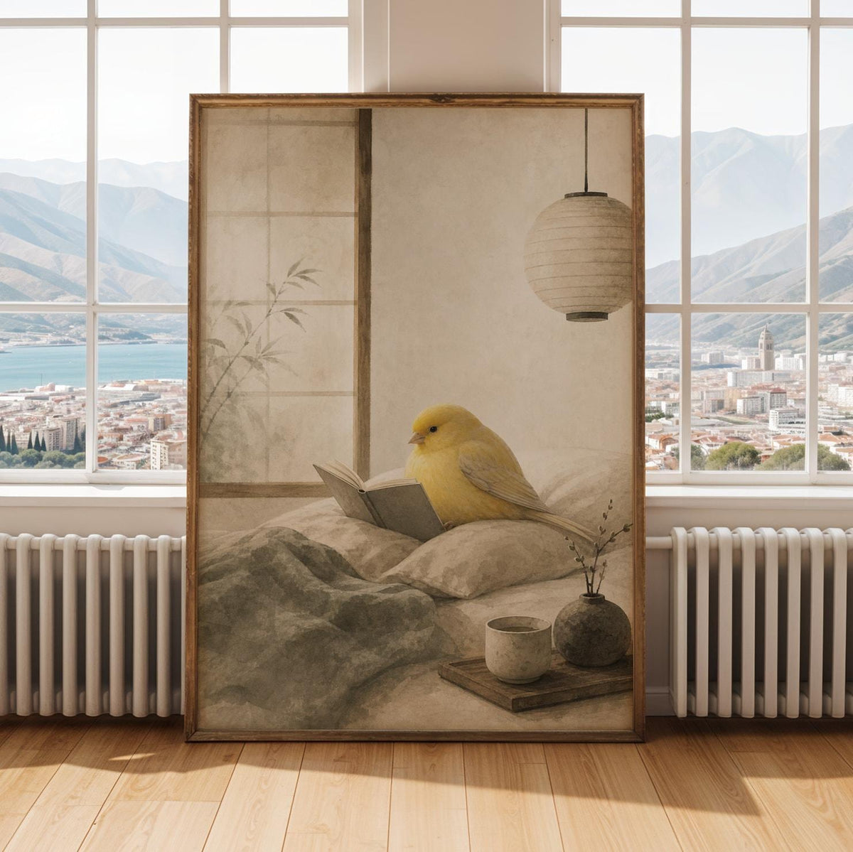 Print illustration of Gloster Canary Reading in Bed with japanese zen sumi-e artwork
