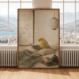 Print illustration of Gloster Canary Reading in Bed with japanese zen sumi-e artwork