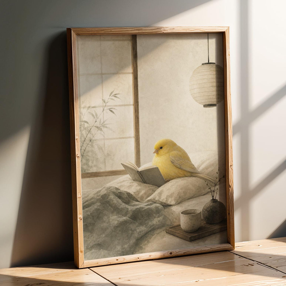 Artwork portraying Gloster Canary Reading in Bed in a japanese zen sumi-e composition