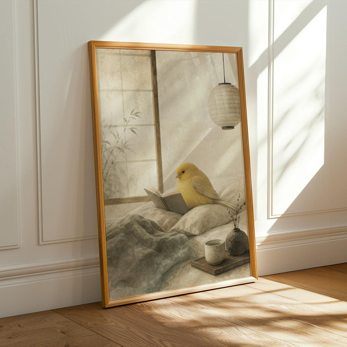 Gloster Canary Reading in Bed illustration for a japanese zen sumi-e paper poster