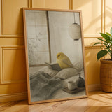 Poster print featuring Gloster Canary Reading in Bed with japanese zen sumi-e detailing