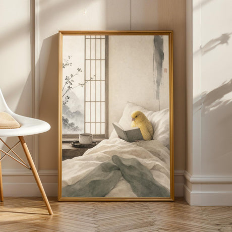 Waterslager Canary Reading in Bed in a japanese zen sumi-e poster illustration