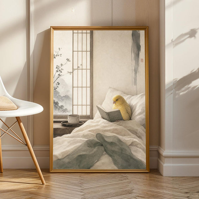 Waterslager Canary Reading in Bed in a japanese zen sumi-e poster illustration