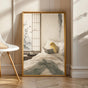 Waterslager Canary Reading in Bed in a japanese zen sumi-e poster illustration