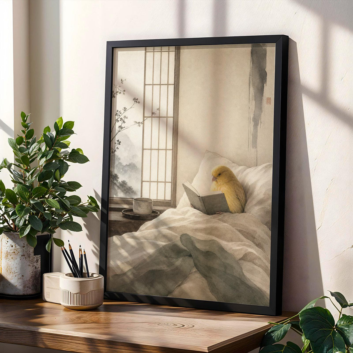 Decorative poster design featuring Waterslager Canary Reading in Bed in japanese zen sumi-e style
