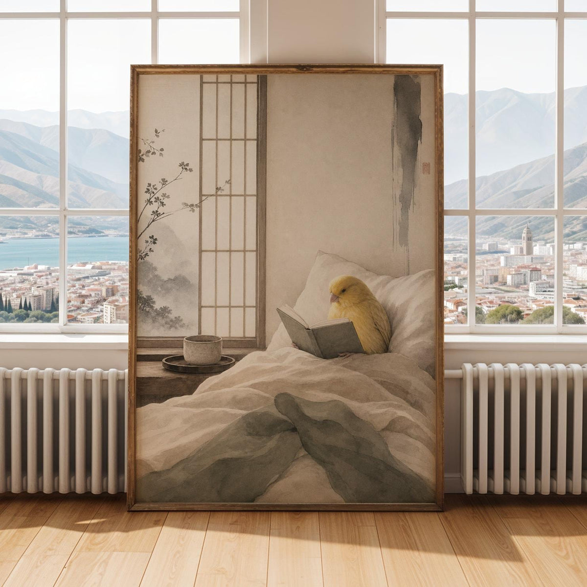 Print illustration of Waterslager Canary Reading in Bed with japanese zen sumi-e artwork