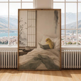 Print illustration of Waterslager Canary Reading in Bed with japanese zen sumi-e artwork